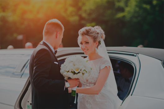 Bridge and groom looking at each other outside of limousine