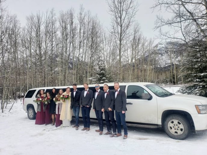 Wedding party photo with white Suburban Limousine