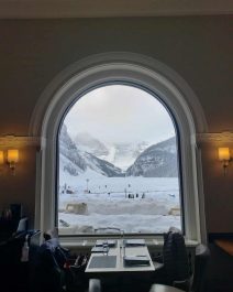 View from inside window of Fairmont Palliser hotel in Banff National Park