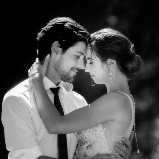 Black and white photo of bride and groom