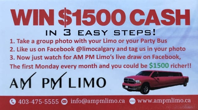 win $1500 cash every month by booking a limo or party bus with am pm limousine