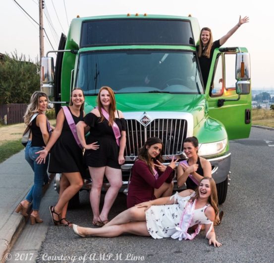 Stagette photo with green Godzilla Party Bus