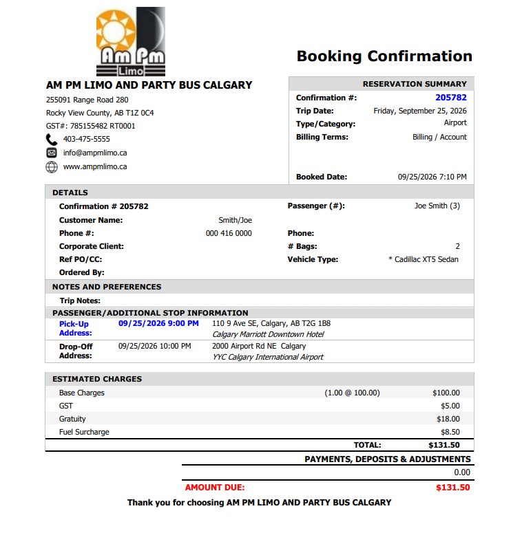 AM PM Limo Terms and Conditions: Cancellation, Overtime, Charges and Booking Confirmations